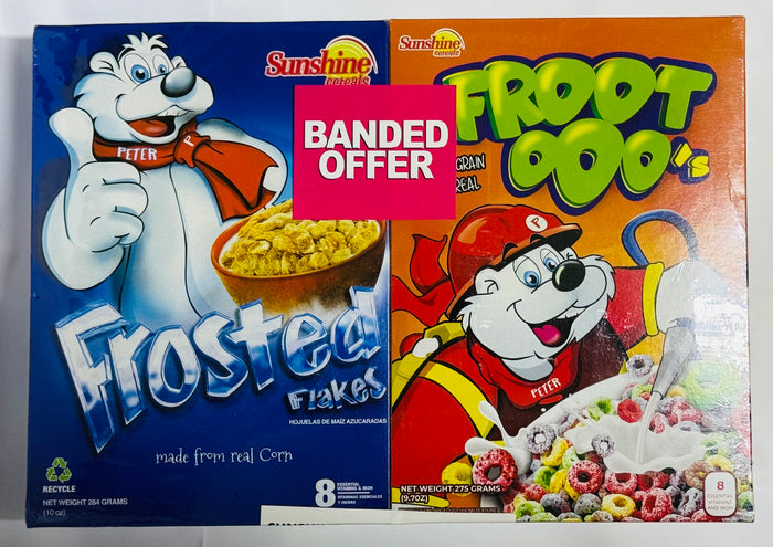 SUNSHINE SNACKS FROSTED FLAKES & FROOT OOO’S CEREAL (284 G & 275 G, BANDED OFFER)